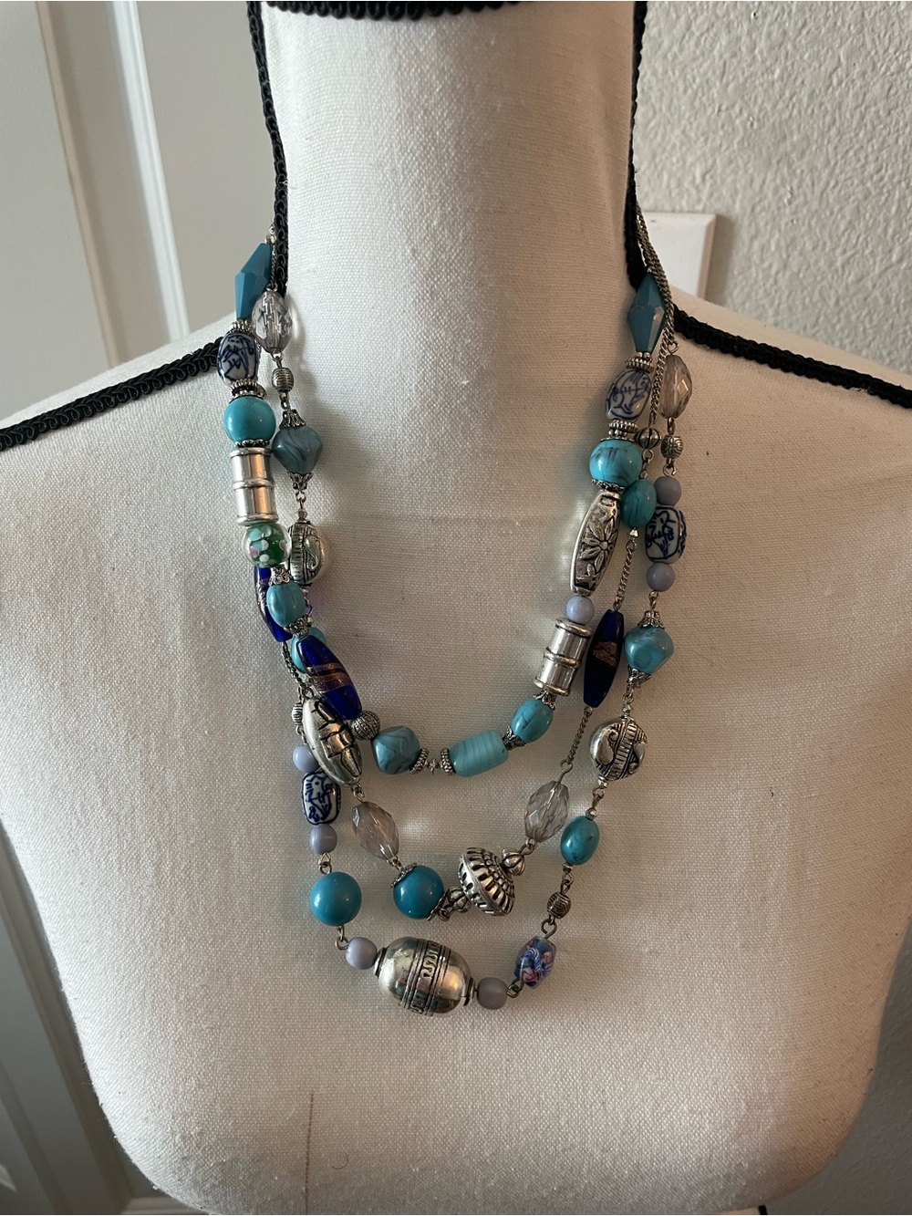 Layered Turquoise Bead Necklace with Silver Accents - Women Jewelry